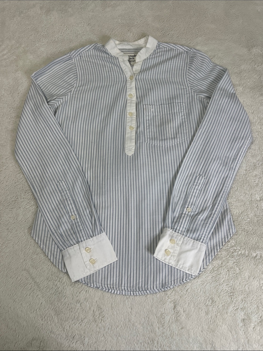 Abercrombie & Fitch Blue and White Stripe Grandad Collar Shirt